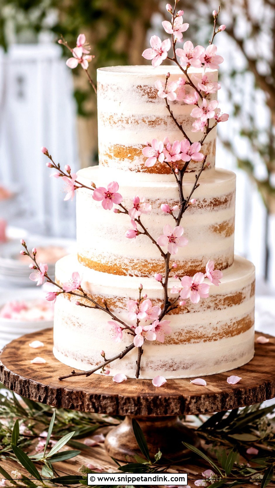Japanese Cherry Blossom Wedding Cake With Semi Naked Frosting - Snippet and Ink - 20 Japanese Cherry Blossom Wedding Cake Ideas
