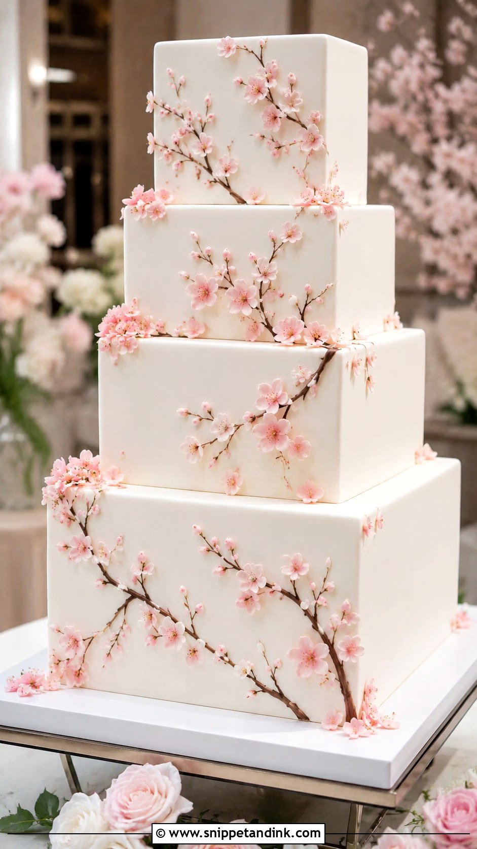 Japanese Cherry Blossom Wedding Cake With Square Tiers - Snippet and Ink - 20 Japanese Cherry Blossom Wedding Cake Ideas