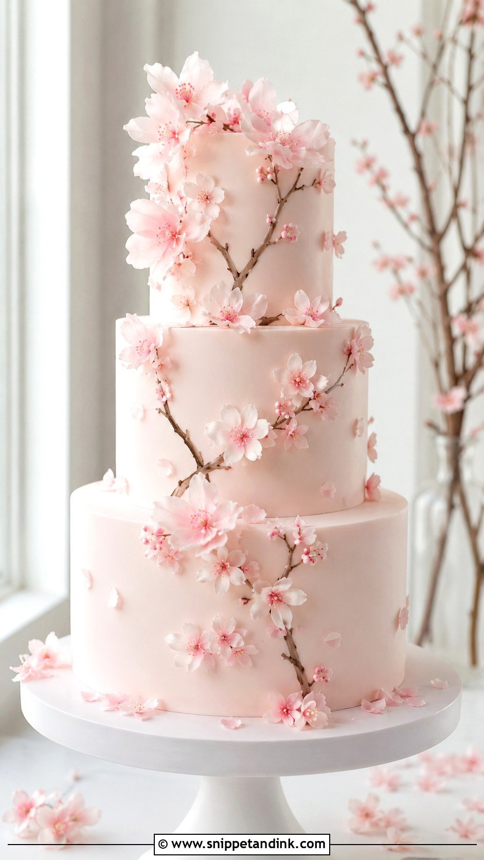 Japanese Cherry Blossom Wedding Cake With Wafer Paper Flowers - Snippet and Ink - 20 Japanese Cherry Blossom Wedding Cake Ideas