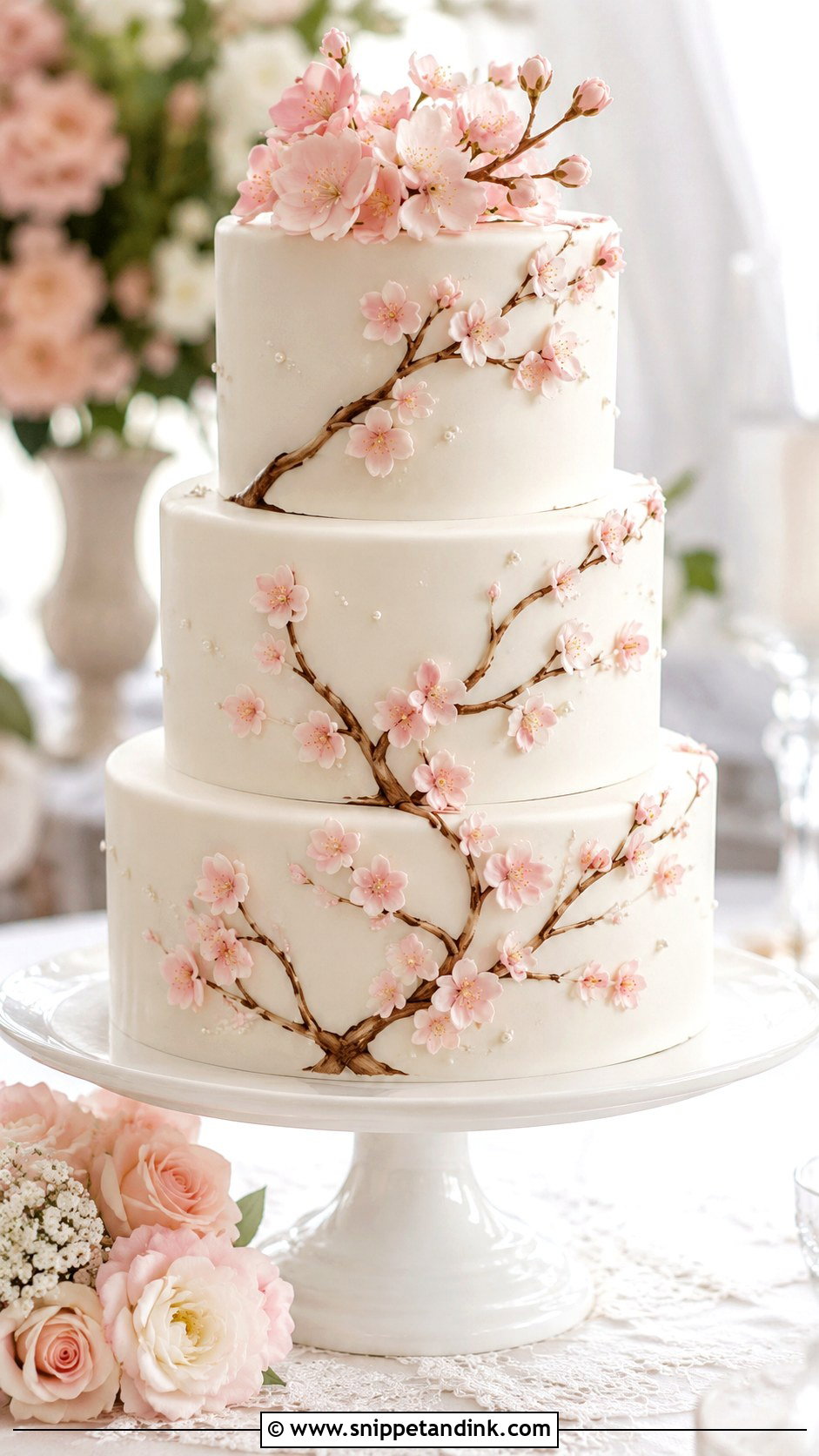 Japanese Cherry Blossom Wedding Cake With White Tiers - Snippet and Ink - 20 Japanese Cherry Blossom Wedding Cake Ideas