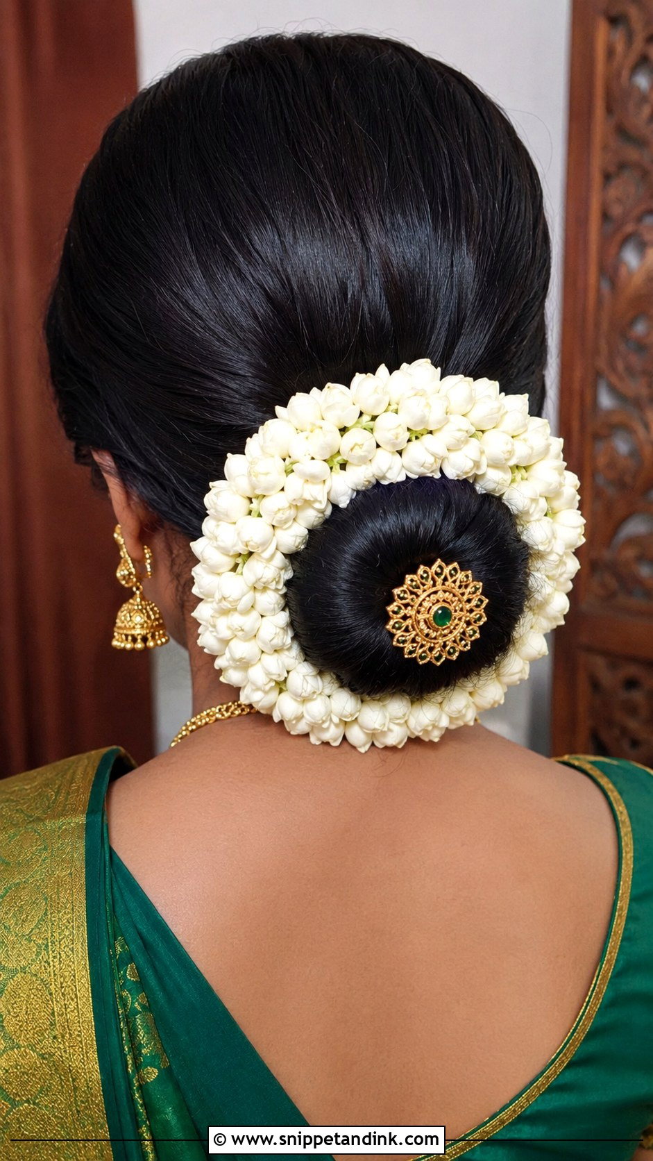 Jasmine Flower Low Bun - Snippet and Ink - 25 South Indian Bride Engagement Hairstyle Ideas