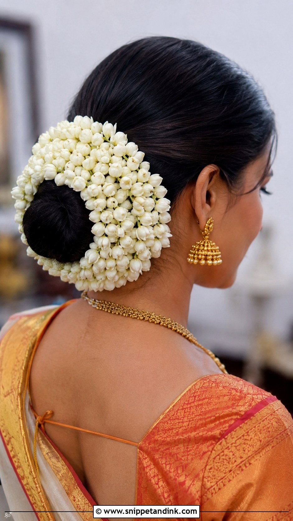 Jasmine Gajra Wrapped Bun - Snippet and Ink - 25 Indian Wedding Bun Hairstyles