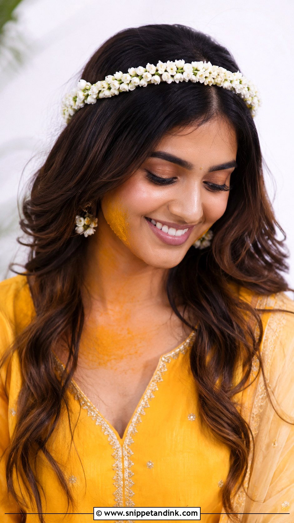Jasmine Tiara On Open Hair - Snippet and Ink - 25 Haldi Ceremony Hairstyle for Bride Ideas