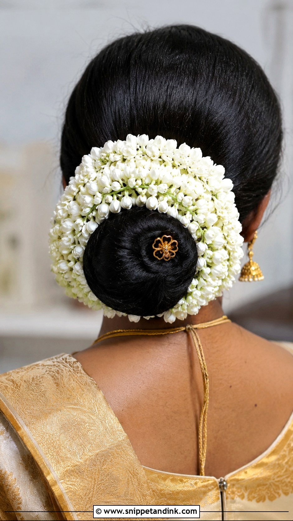 Jasmine Veni Around a Low Bun - Snippet and Ink - 20 Flower Veni for Hair Indian Brides Ideas