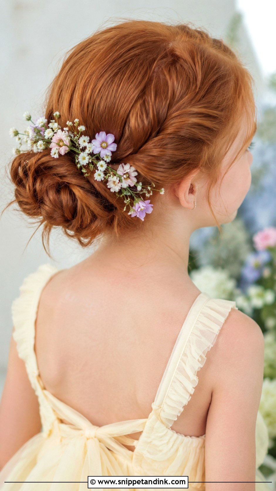 Junior Bridesmaid Flower Bun Updo - Snippet and Ink - 20 Junior Bridesmaid Hair Updo Ideas