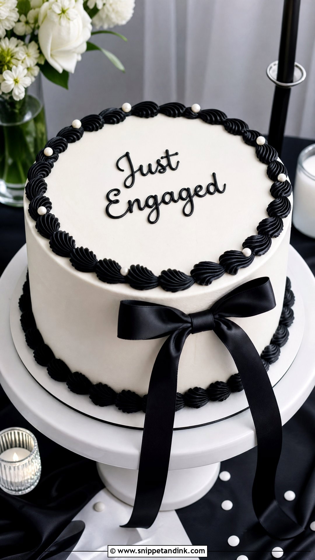 Just Engaged Black And White Cake - Snippet and Ink - 20 Just Engaged Cake Ideas