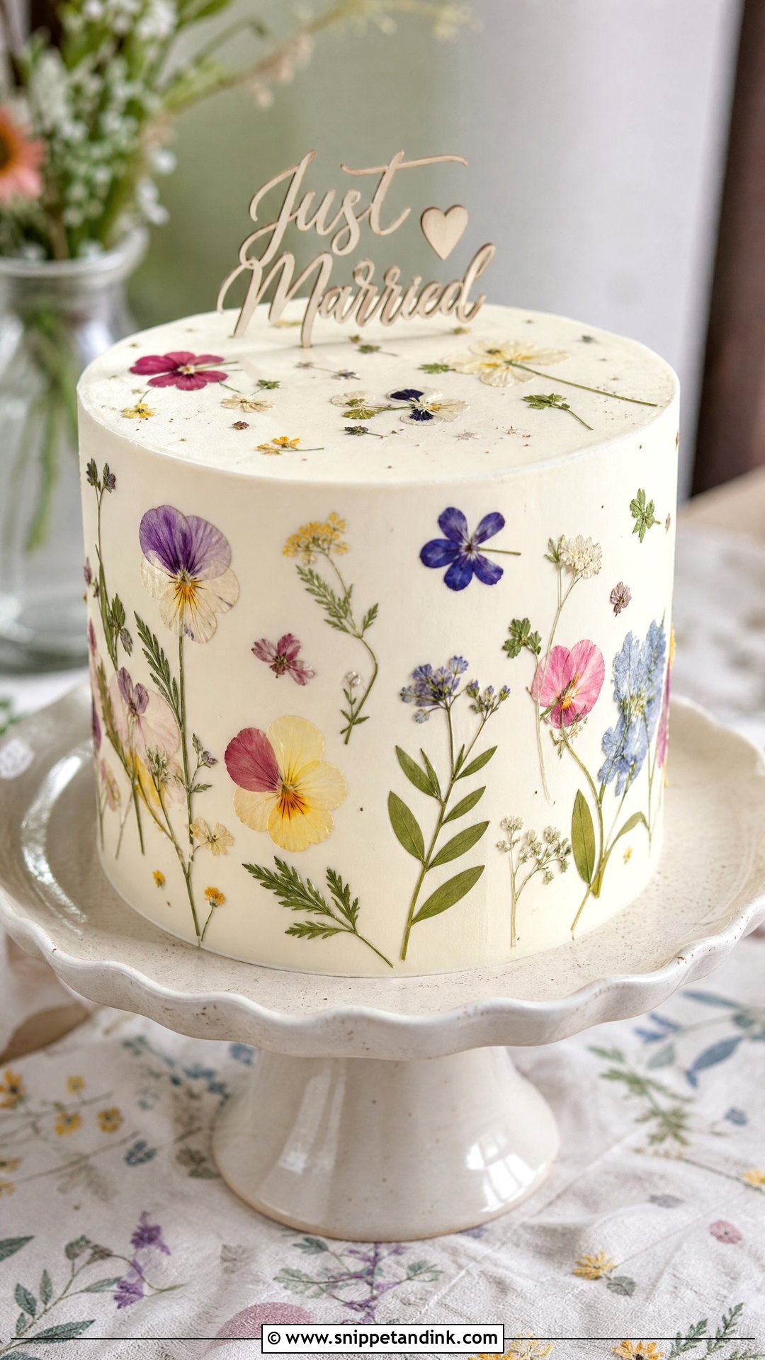 Just Married Pressed Flower Cake - Snippet and Ink - 30 Just Married Cake Ideas