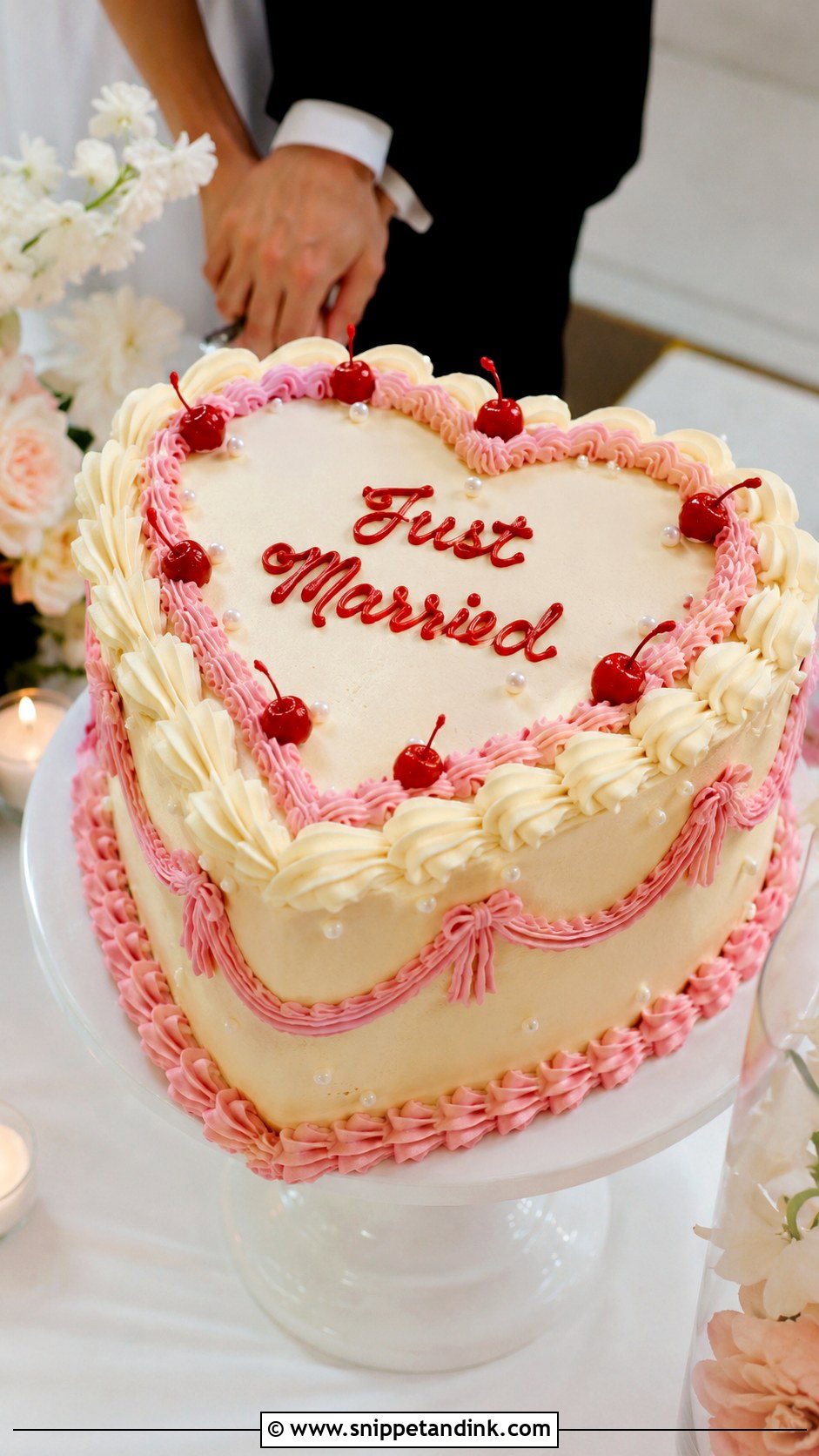 Just Married Retro Heart Wedding Cake - Snippet and Ink - 30 Retro Heart Wedding Cake Ideas