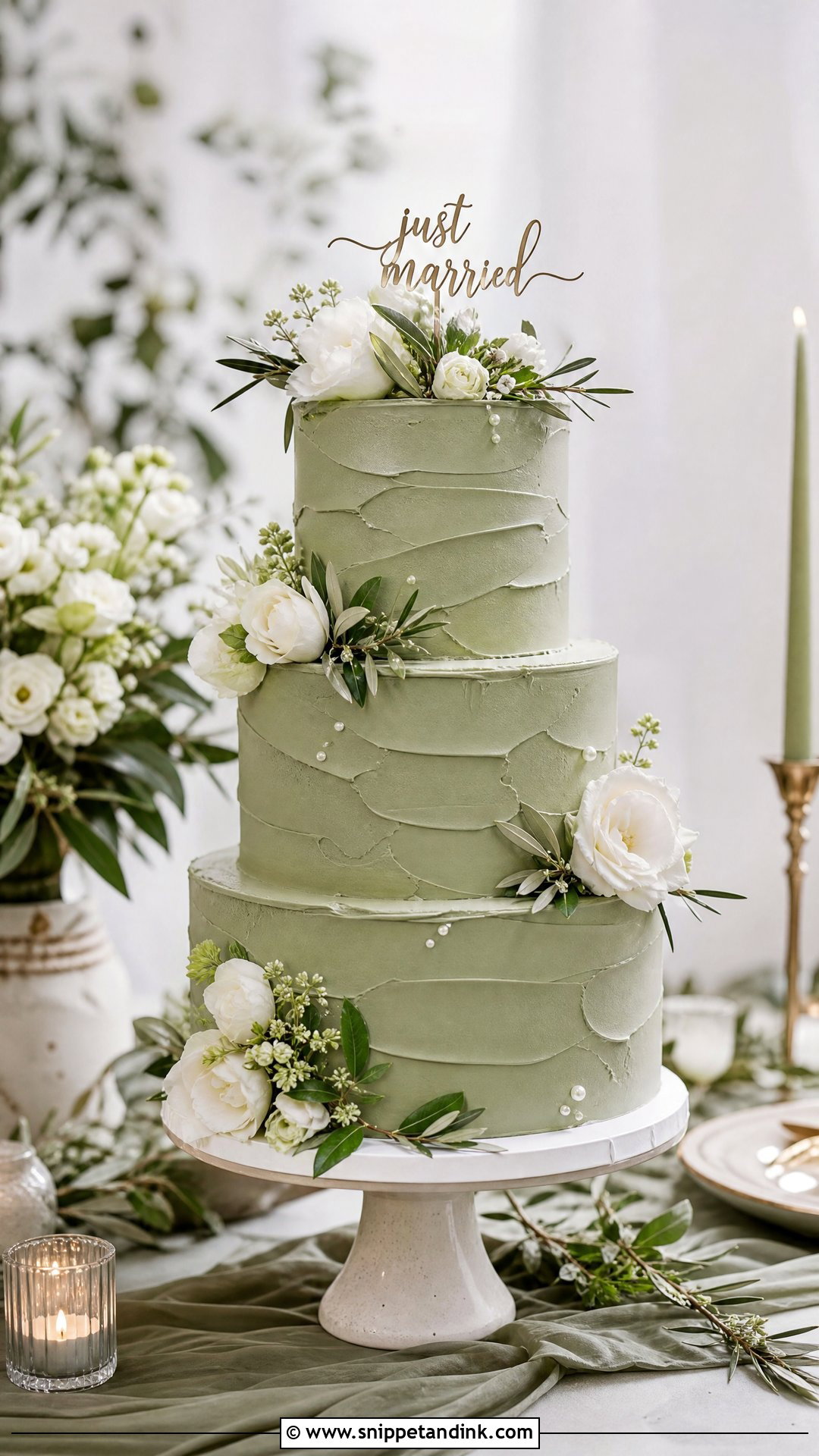 Just Married Sage Green Cake - Snippet and Ink - 30 Just Married Cake Ideas
