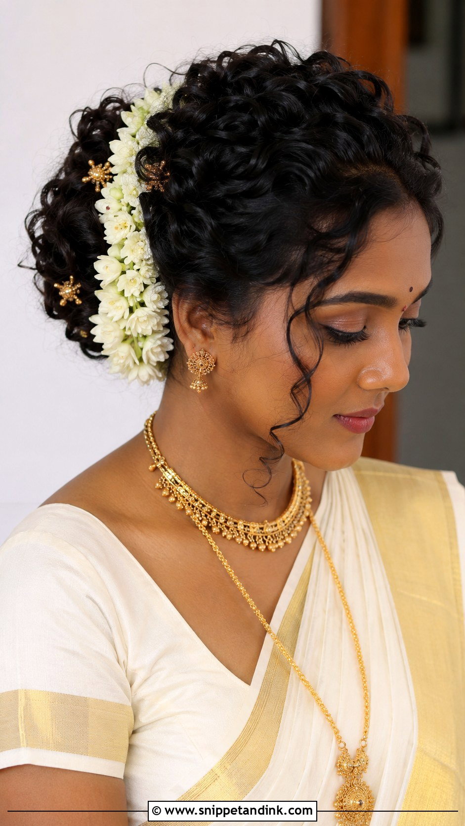 Kerala Bridal Curly Bun - Snippet and Ink - 15 Kerala Wedding Bridal Hairstyle Ideas