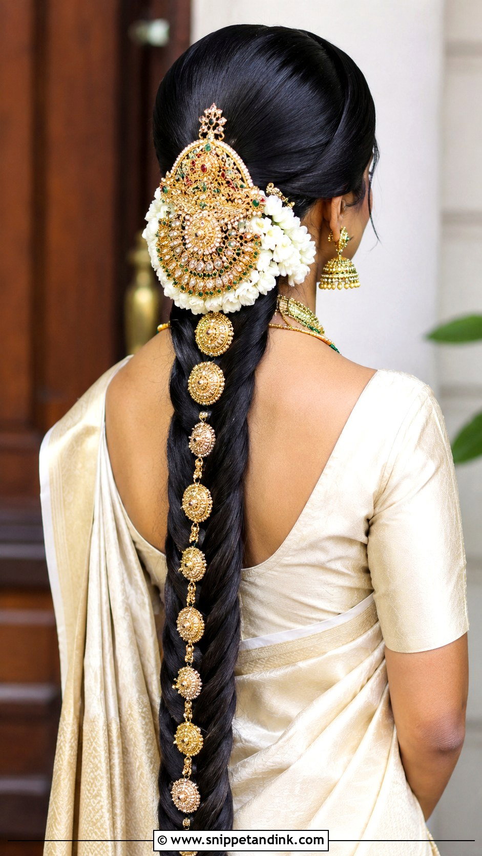 Kerala Bridal Long Braid With Gold Accessories - Snippet and Ink - 15 Kerala Wedding Bridal Hairstyle Ideas