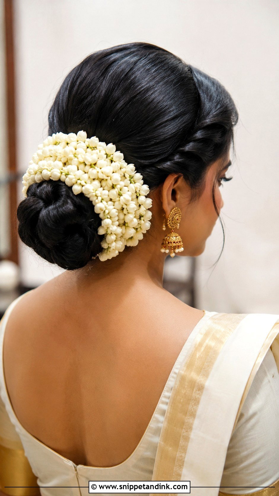 Kerala Bridal Low Bun With Gajra - Snippet and Ink - 15 Kerala Bride Hairstyles with Flowers
