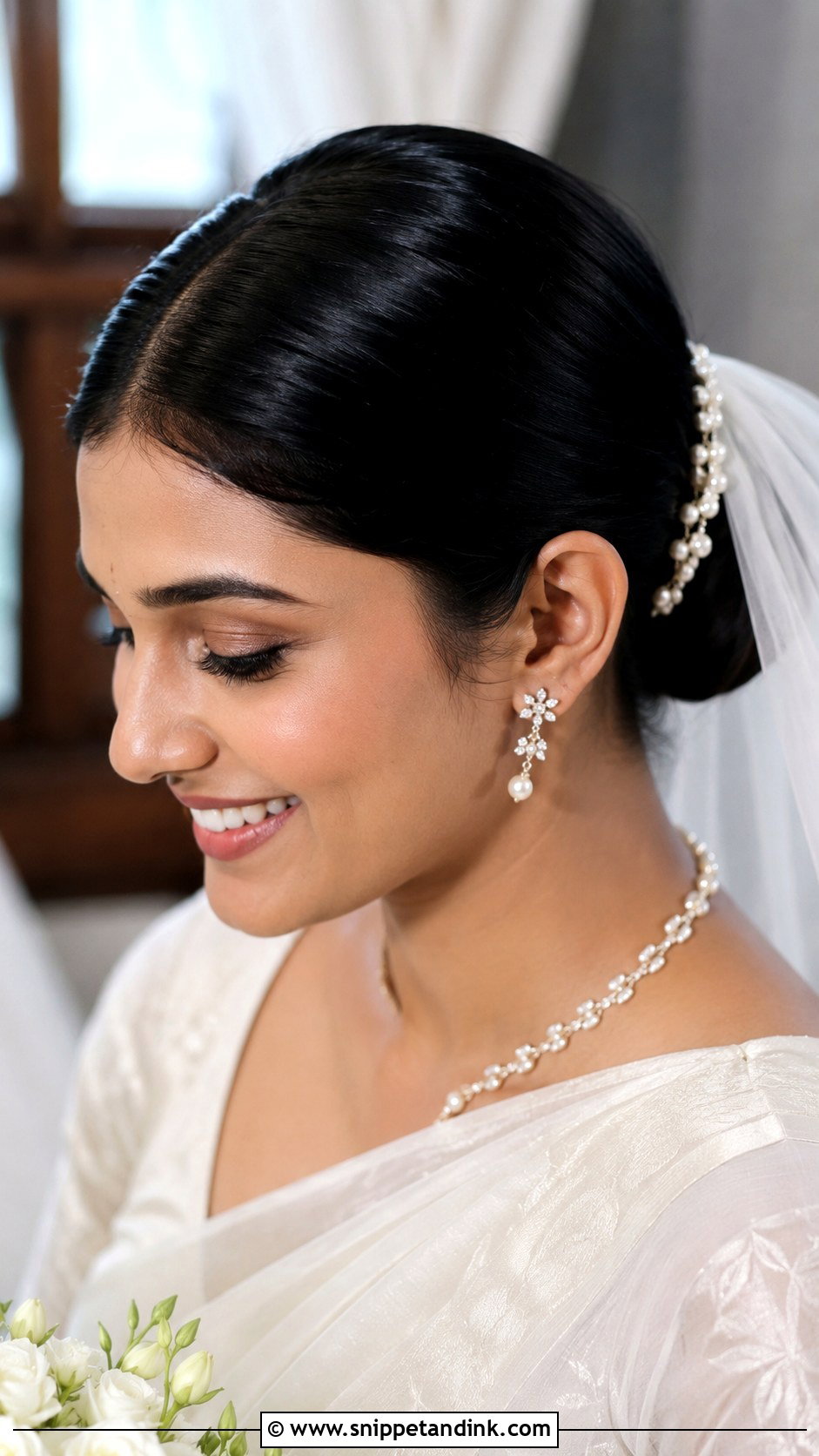 Kerala Christian Bride Sleek Center Part Bun - Snippet and Ink - 15 Kerala Christian Bride Hairstyle Ideas