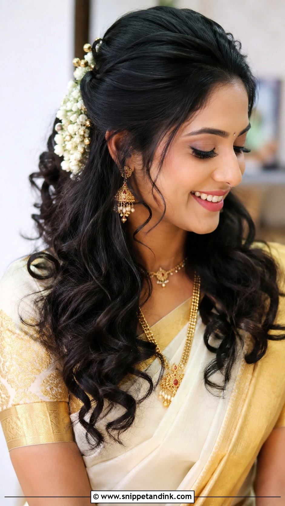 Kerala Hindu Wedding Half Up Curls - Snippet and Ink - 20 Kerala Hindus Wedding Hairstyles
