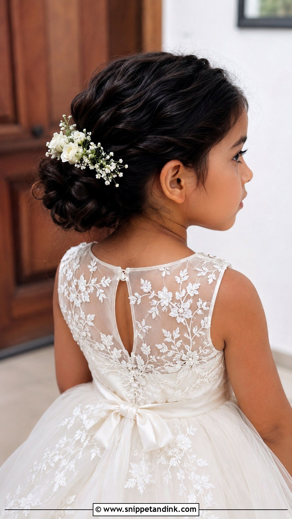 Kids Wedding Floral Bun - Snippet and Ink - 15 Kids Wedding Hair Updos