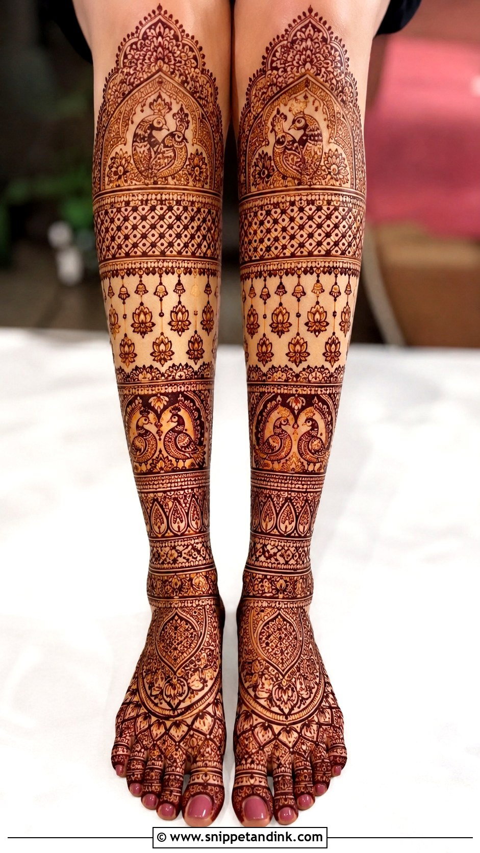 Knee Length Bridal Foot Mehndi Design - Snippet and Ink - 30 Bridal Mehndi Designs for Foot