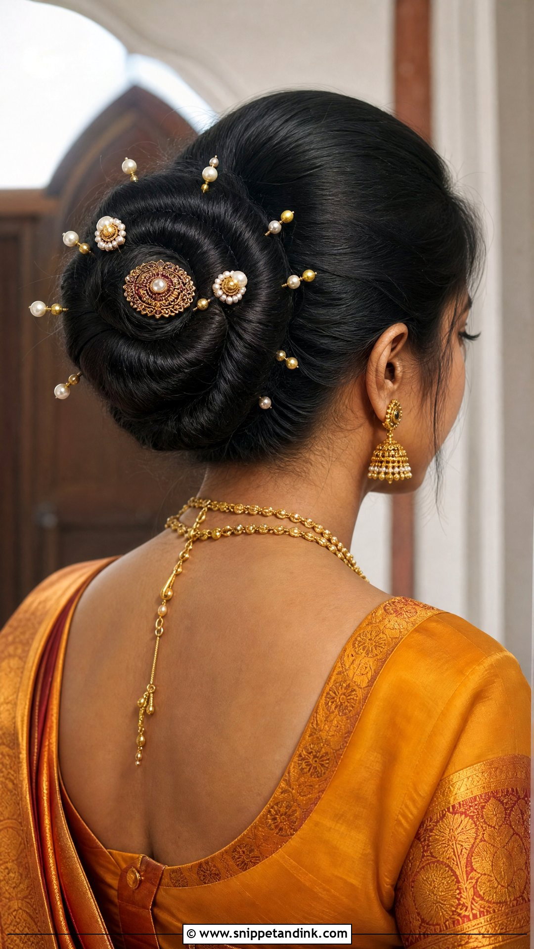 Kondai Bun With Gold Accessories - Snippet and Ink - 20 Hairstyles for South Indian Wedding