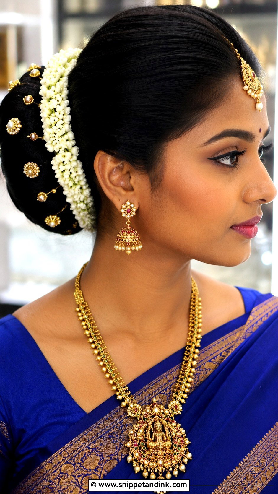 Kondai Bun With Gold Pins - Snippet and Ink - 25 South Indian Bride Engagement Hairstyle Ideas
