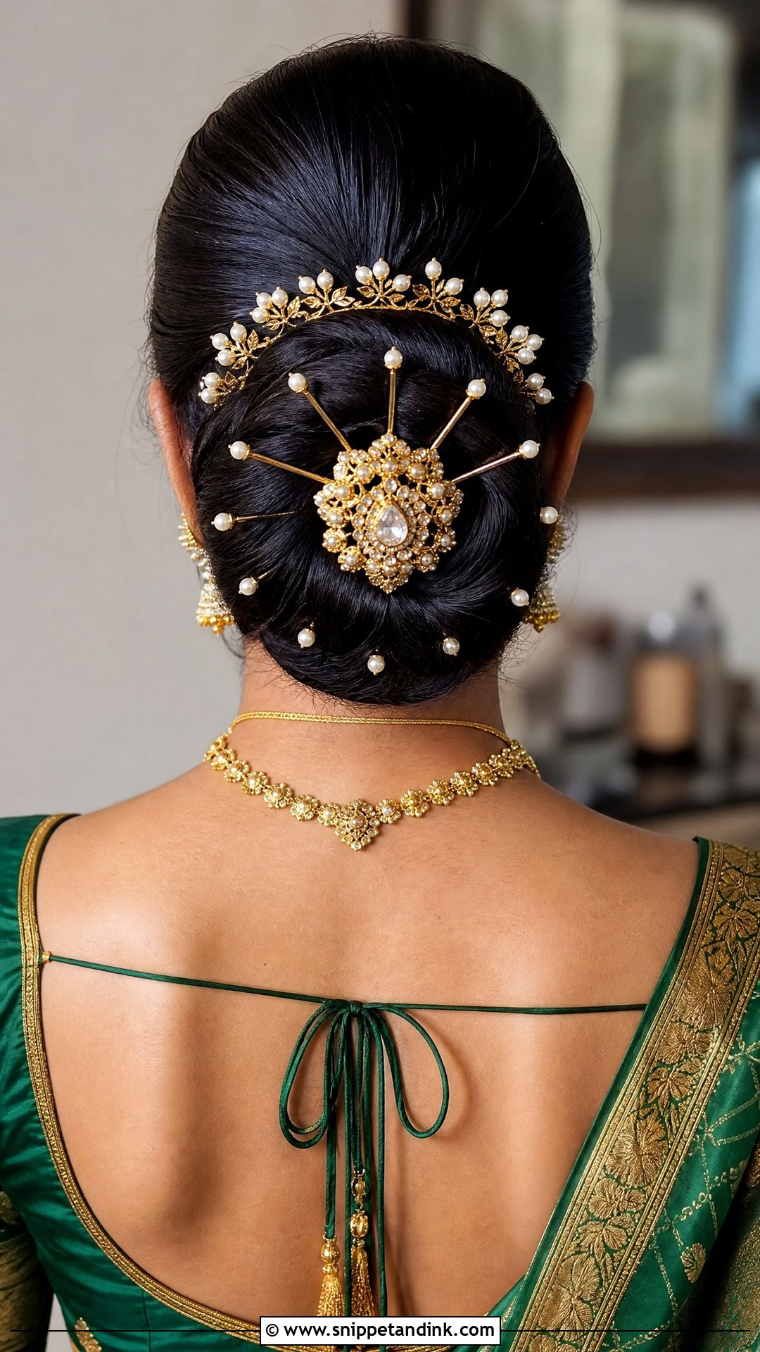 Kondai Bun With Gold Pins - Snippet and Ink - 20 Tamil Wedding Hairstyle Ideas