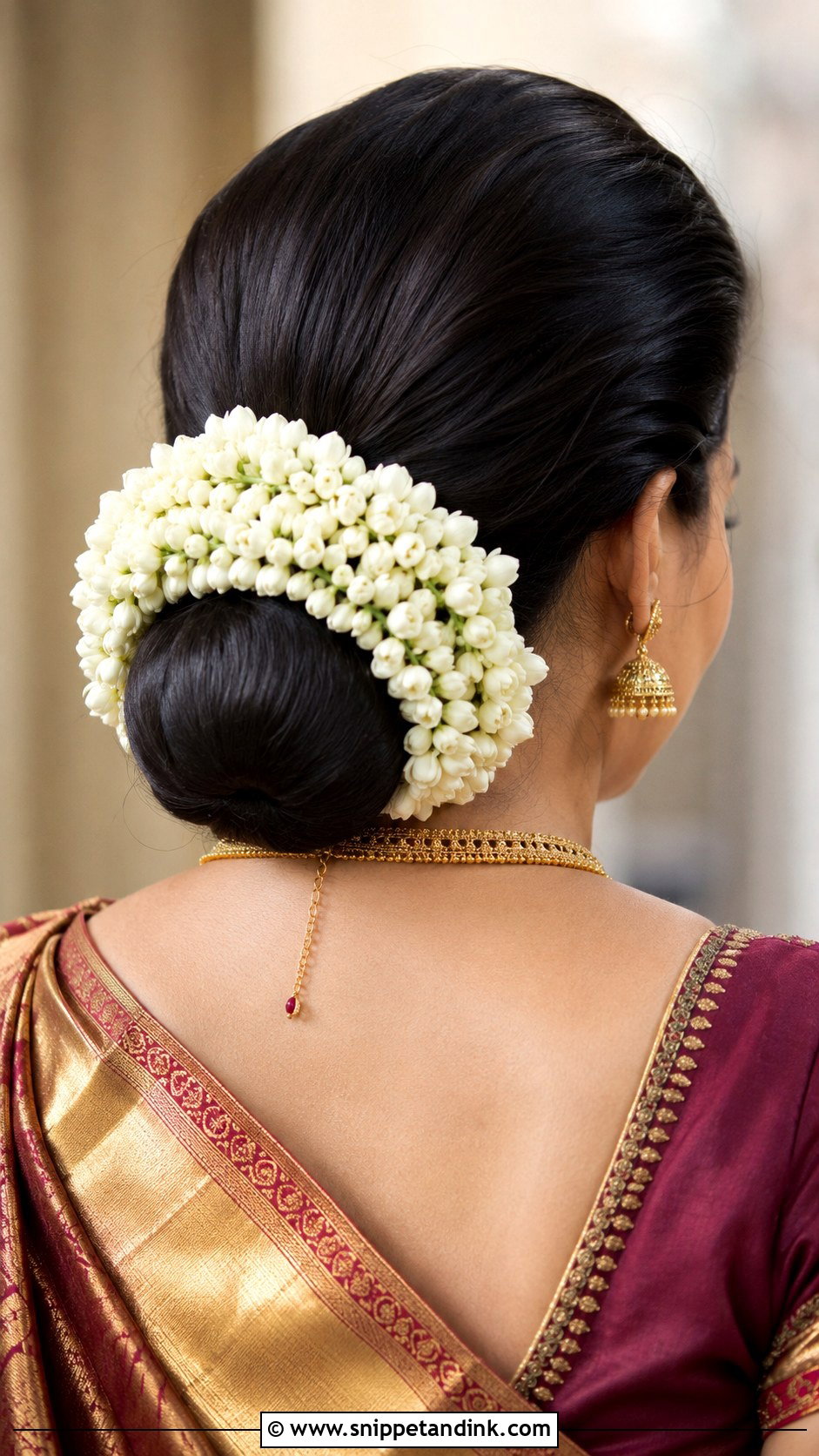 Kondai Bun With Jasmine Garland - Snippet and Ink - 20 Indian Wedding Hairstyles for Round Face