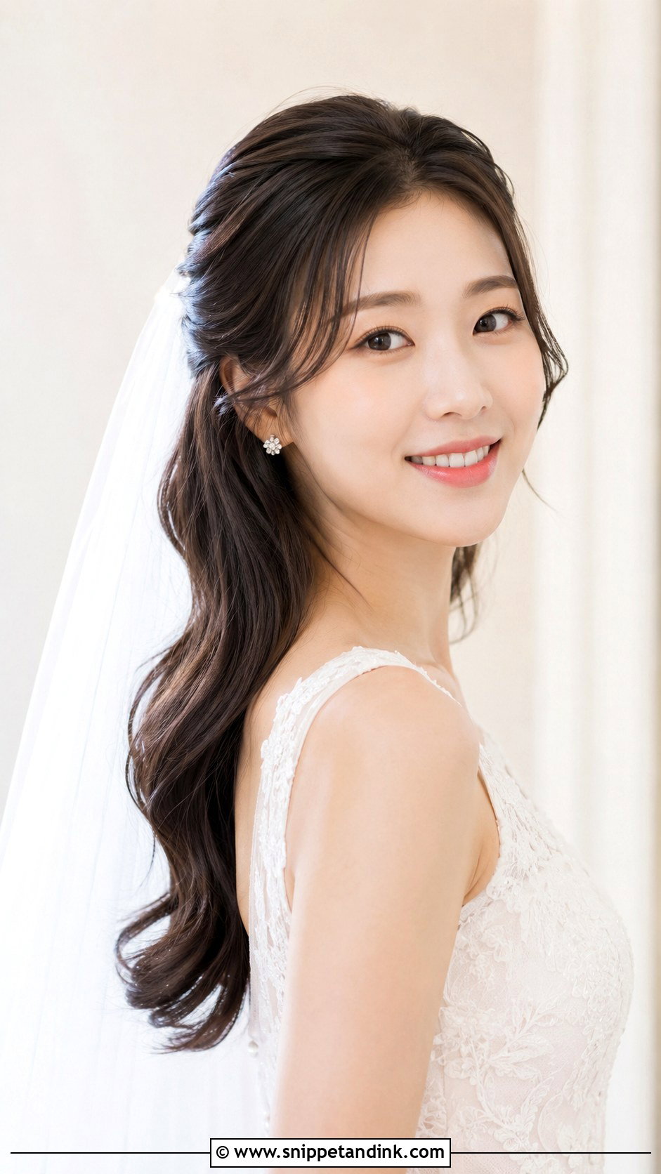 Korean Bride Half Updo With Loose Waves - Snippet and Ink - 25 Korean Bride Hairstyle Ideas