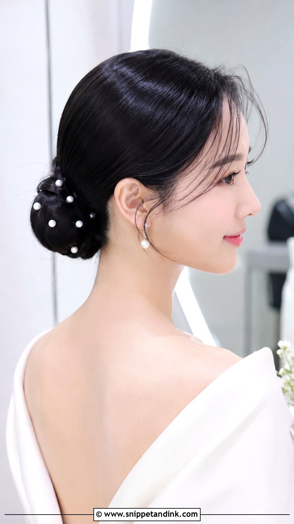 Korean Bride Low Bun With Pearl Pins - Snippet and Ink - 25 Korean Bride Hairstyle Ideas
