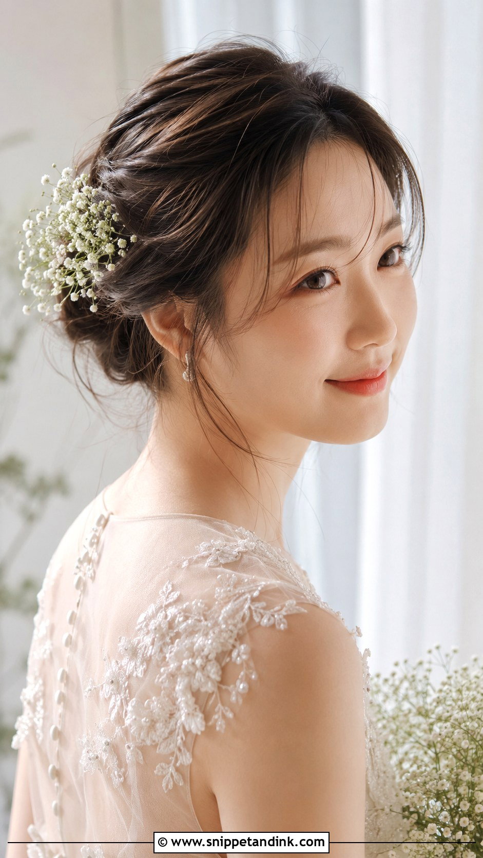 Korean Bride Soft Updo With Babys Breath - Snippet and Ink - 25 Korean Bride Hairstyle Ideas