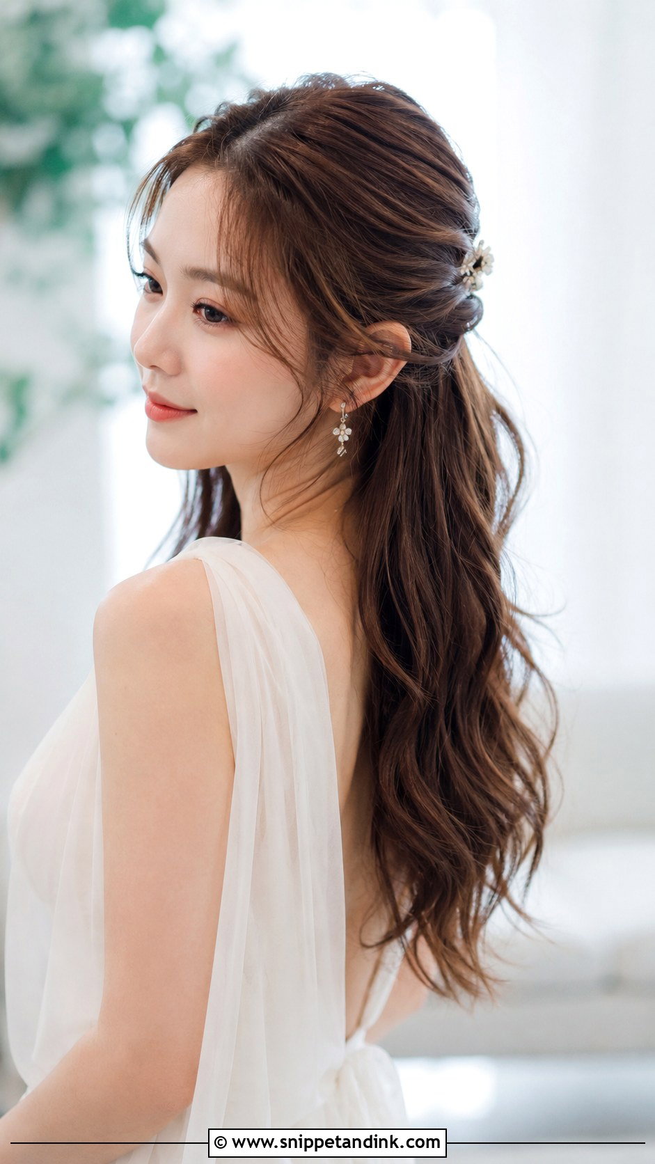 Korean Soft Curls Half Updo - Snippet and Ink - 25 Korean Bridal Hair Ideas