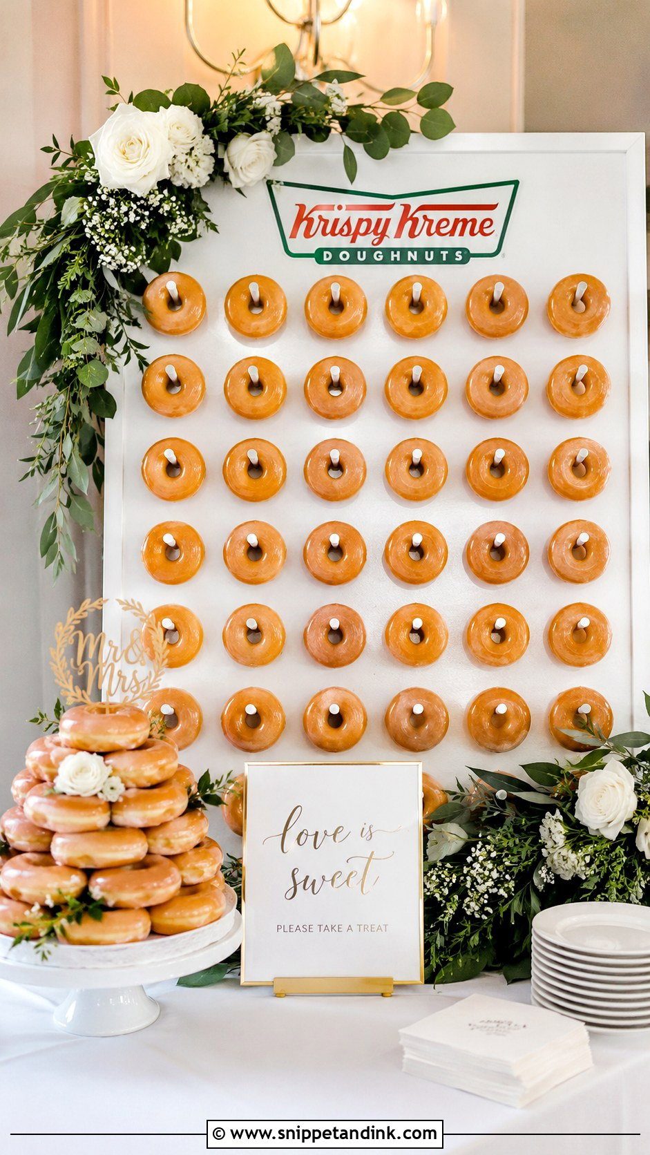 Krispy Kreme Wedding Cake With Donut Wall - Snippet and Ink - 20 Krispy Kreme Wedding Cake Ideas