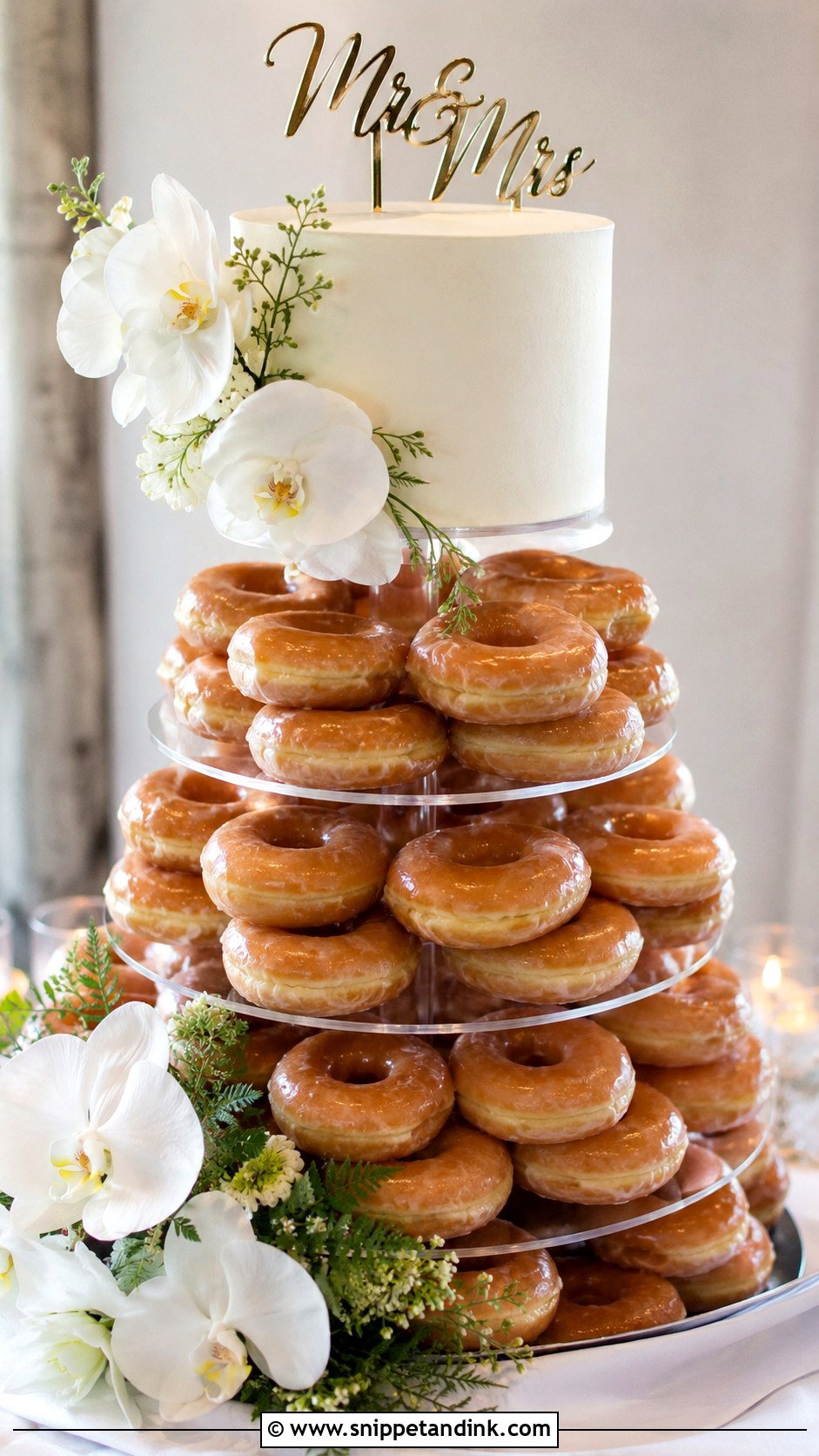Krispy Kreme Wedding Cake With Mini Cake Top - Snippet and Ink - 20 Krispy Kreme Wedding Cake Ideas