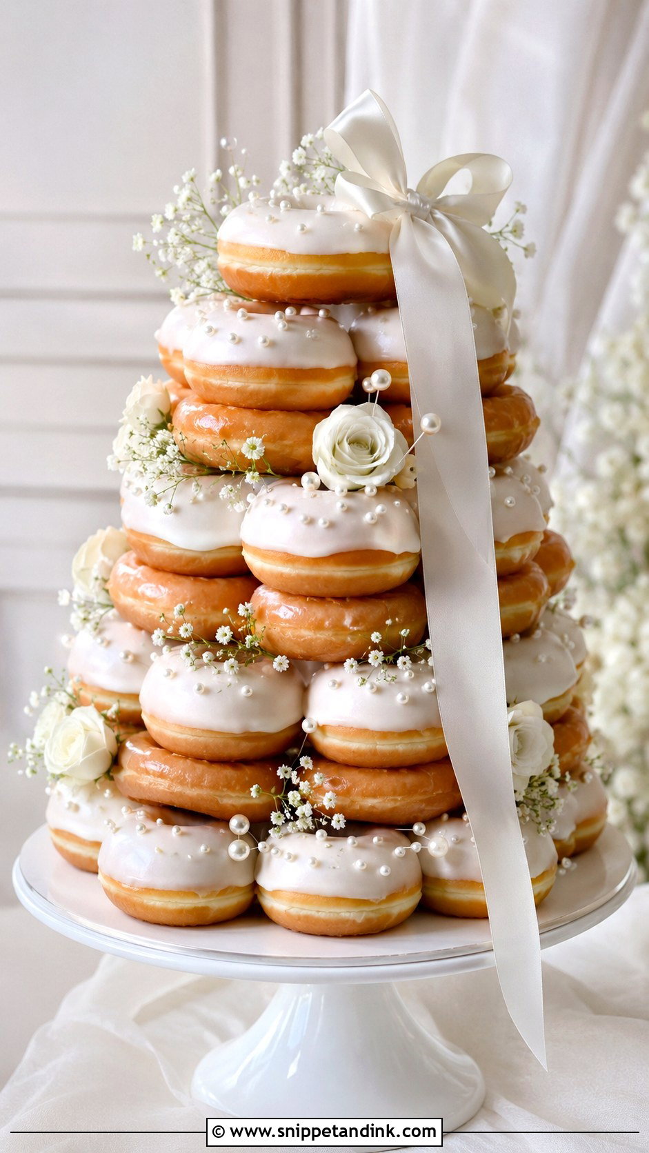 Krispy Kreme Wedding Cake With Pearl Details - Snippet and Ink - 20 Krispy Kreme Wedding Cake Ideas