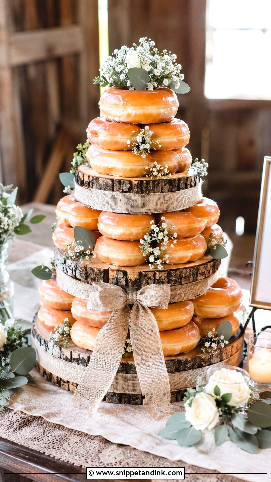 Krispy Kreme Wedding Cake With Rustic Stand - Snippet and Ink - 20 Krispy Kreme Wedding Cake Ideas
