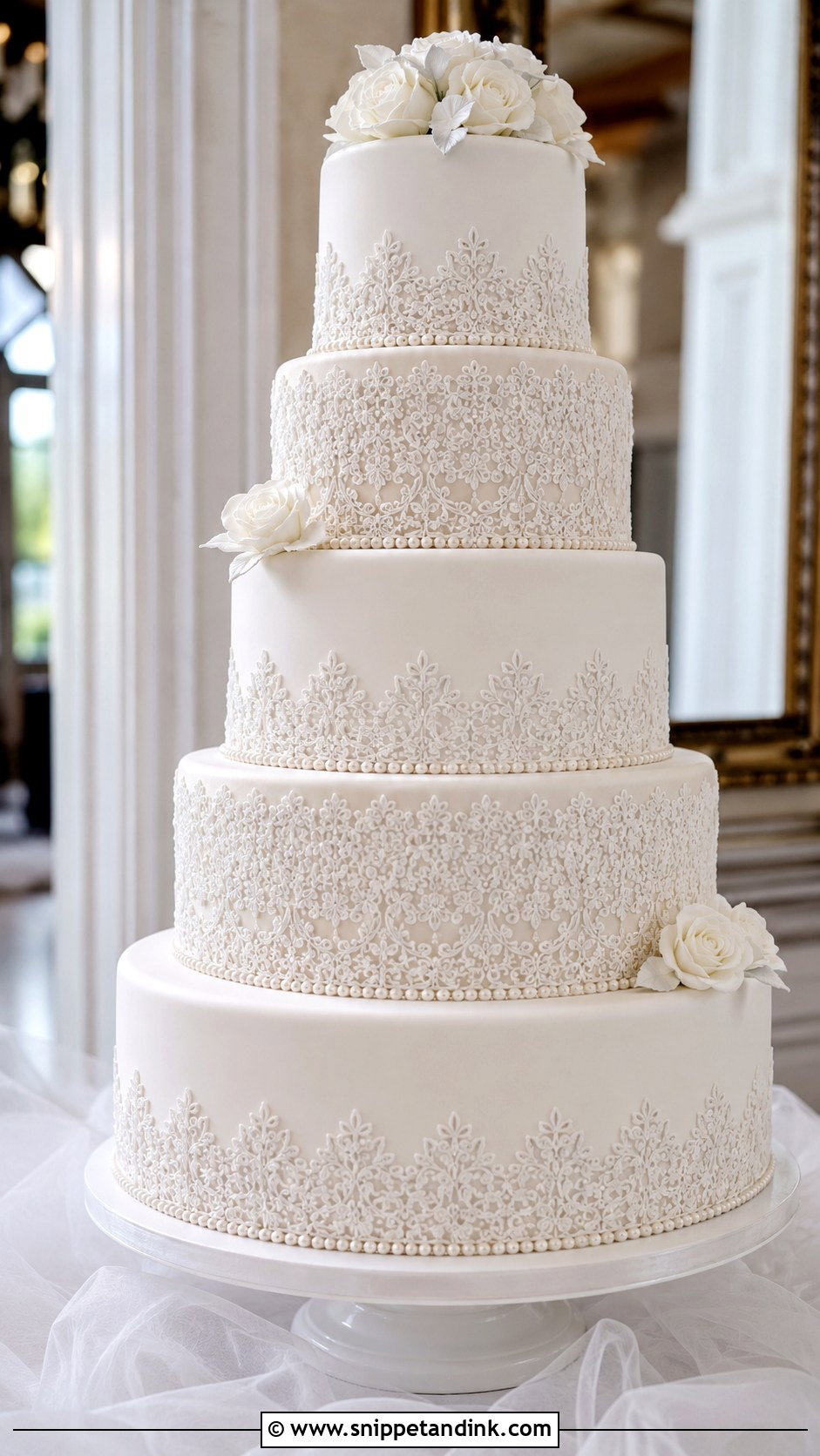 Lace 5 Tier Wedding Cake - Snippet and Ink - 25 5 Tier Wedding Cake Ideas
