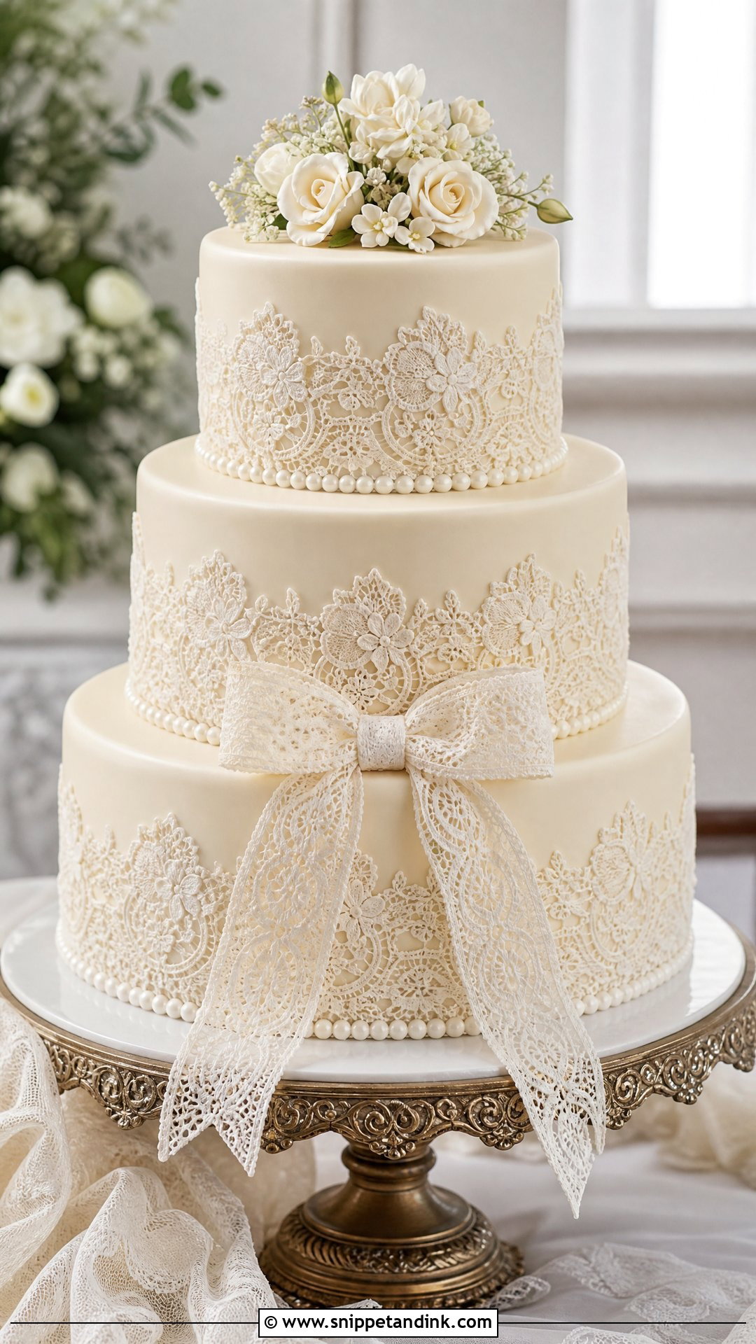 Lace Bow Wedding Cake - Snippet and Ink - 35 Bow Cake Ideas for Wedding