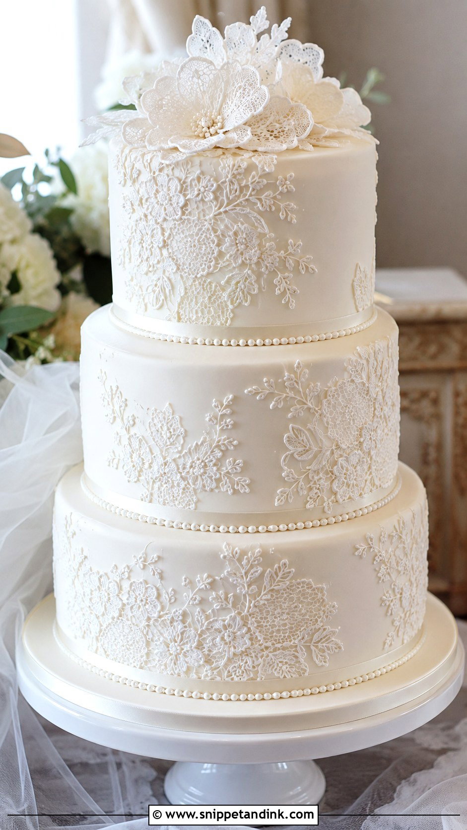 Lace Brush Embroidery Wedding Cake - Snippet and Ink - 20 Brush Embroidery Wedding Cake Ideas