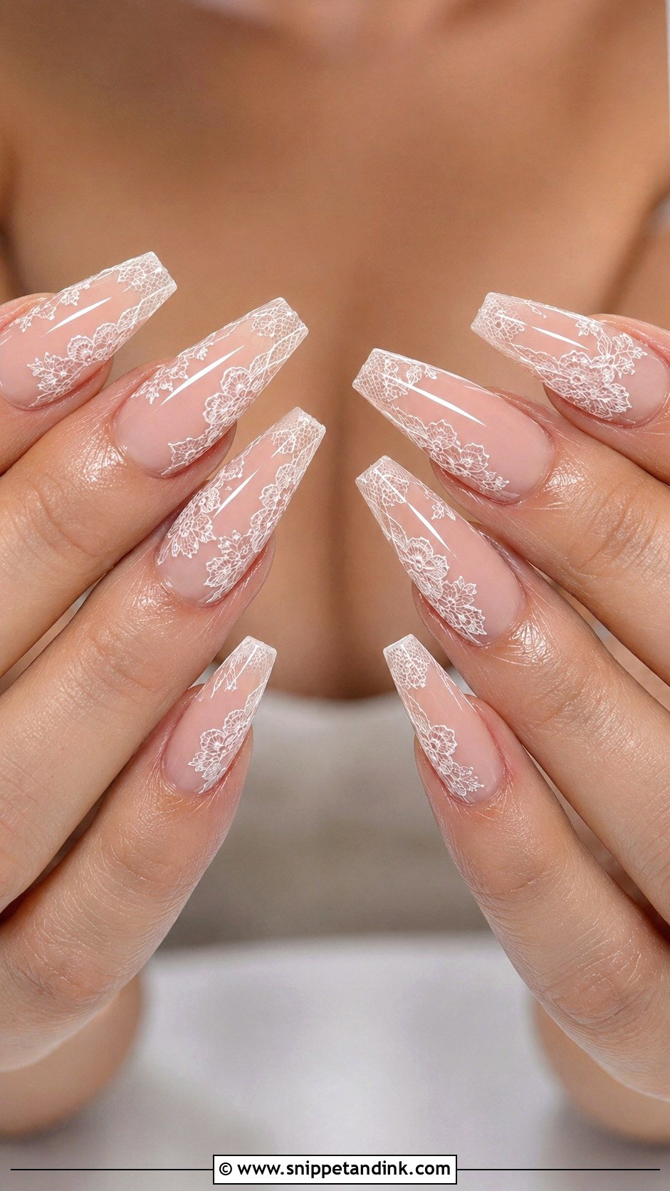 Lace Coffin Bridal Nails - Snippet and Ink - 20 Coffin Shape Bridal Nails