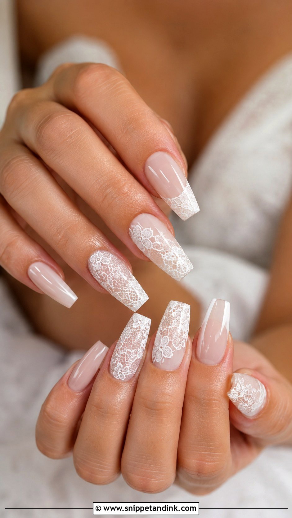 Lace Coffin Wedding Nails - Snippet and Ink - 20 Coffin Shape Wedding Nails for Bride