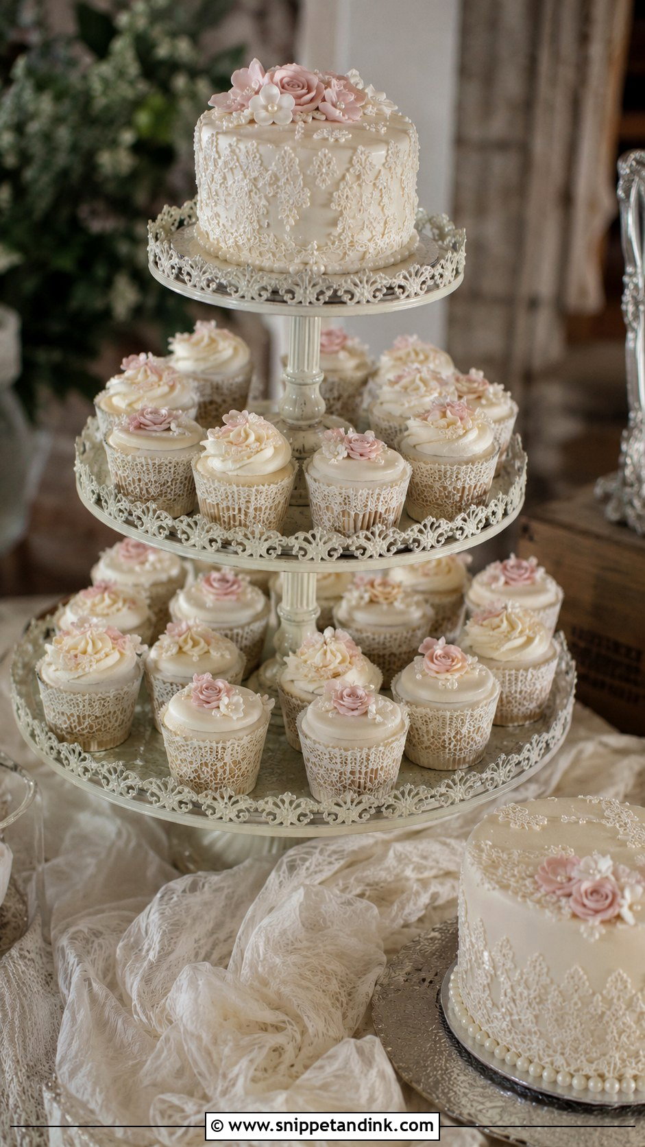 Lace Cupcake Wedding Cake Display - Snippet and Ink - 25 Elegant Cupcake Wedding Cake Ideas