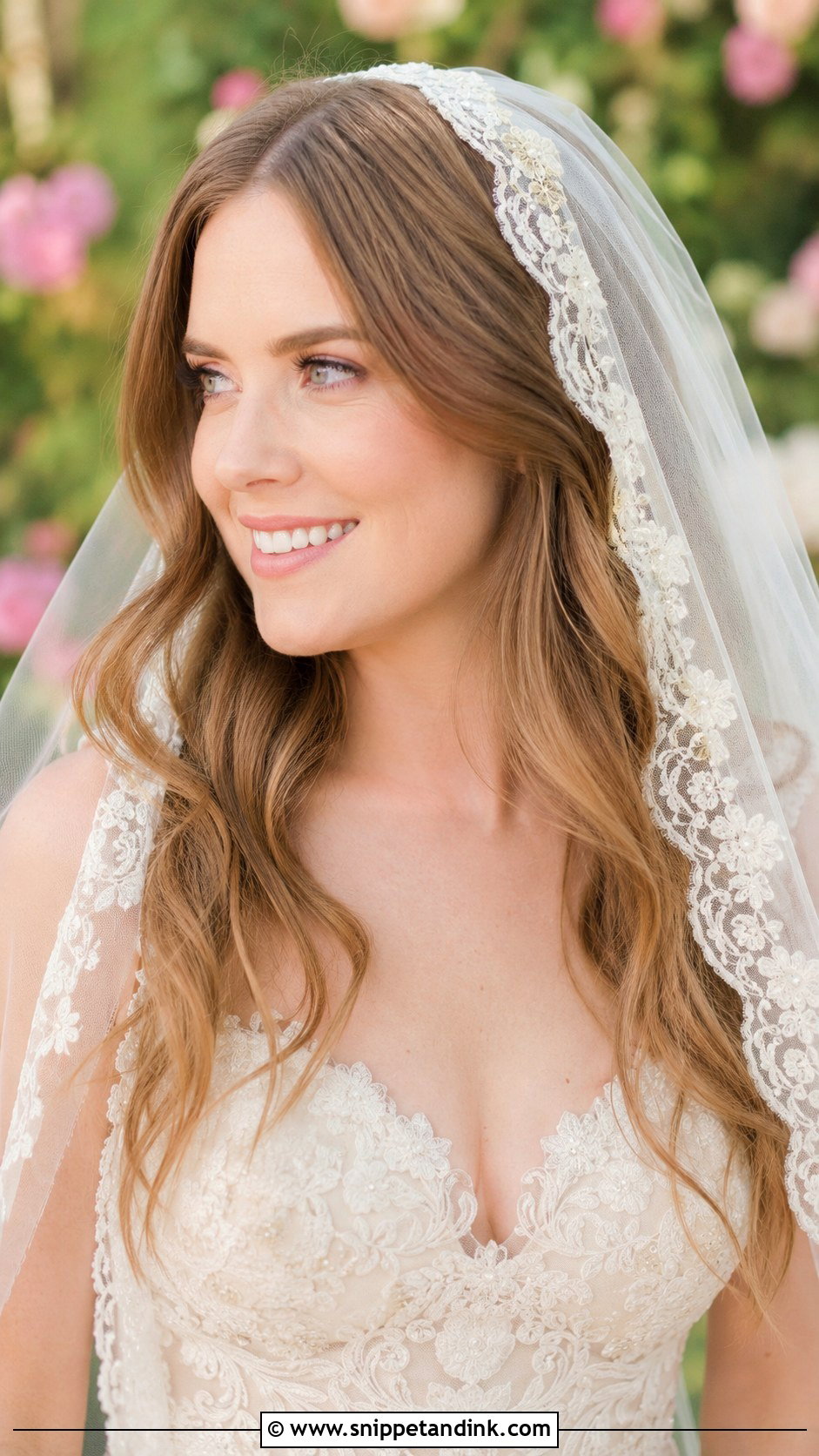 Lace Edged Cathedral Veil with Soft Waves - Snippet and Ink - 25 Cathedral Veil with Hair Down Ideas