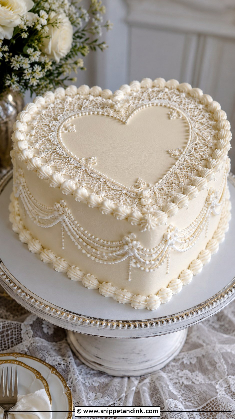 Lace Retro Heart Wedding Cake - Snippet and Ink - 30 Retro Heart Wedding Cake Ideas