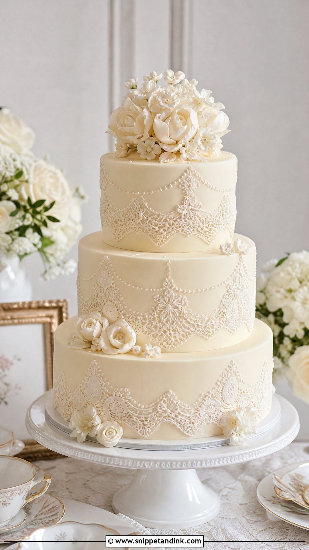 Lace Wedding Cake - Snippet and Ink - 20 Old Money Cake Ideas for Wedding
