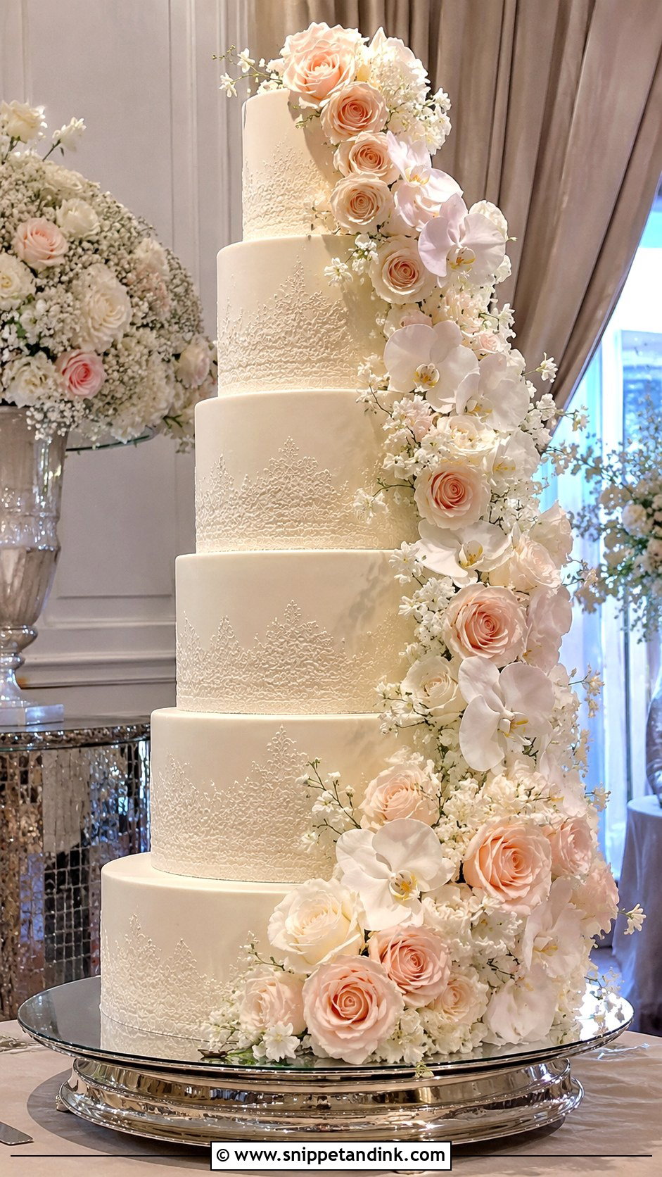 Lace Wedding Cake With Cascading Flowers - Snippet and Ink - 25 Lace Wedding Cake Ideas with Flowers
