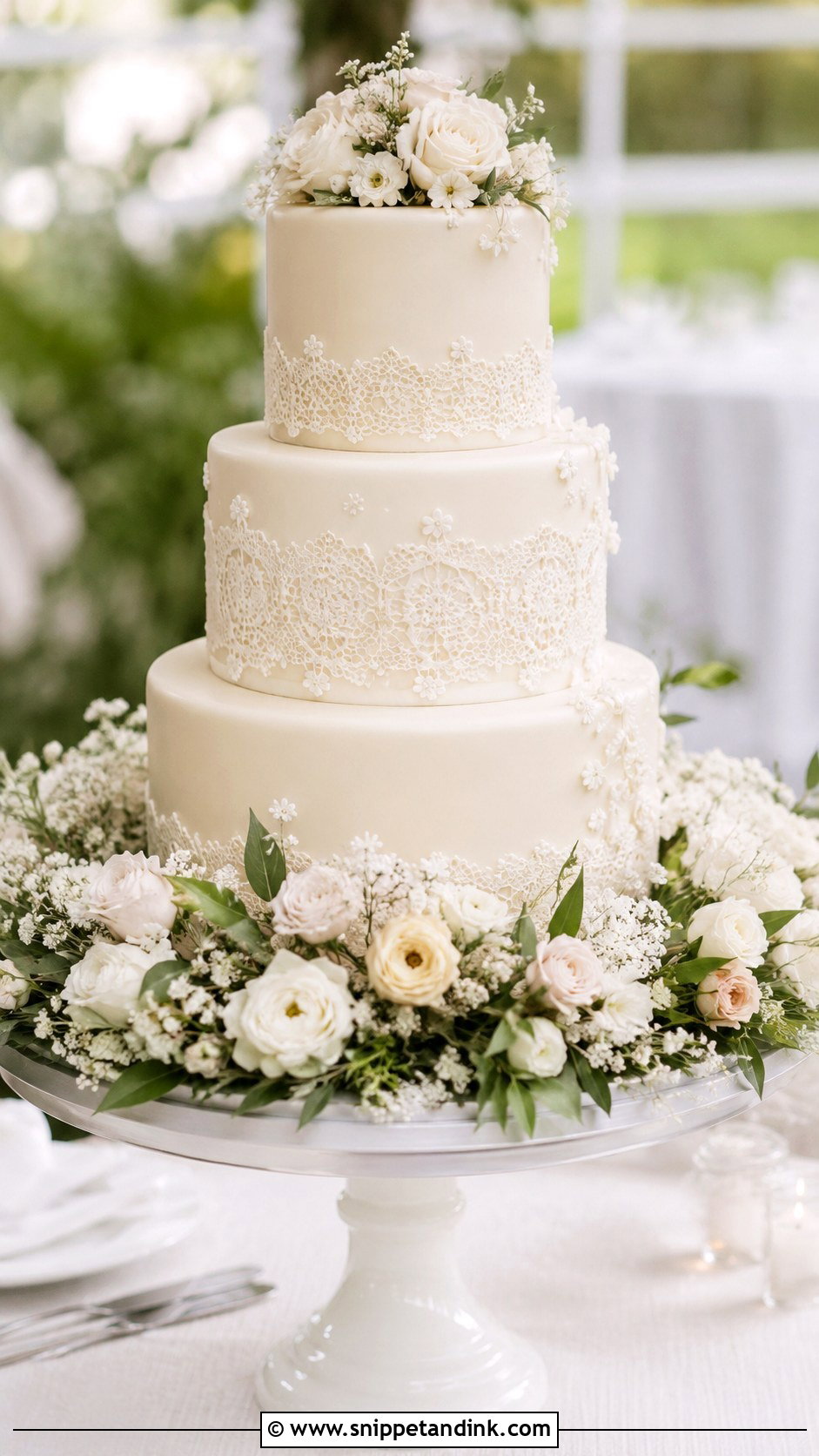 Lace Wedding Cake With Floral Wreath - Snippet and Ink - 25 Lace Wedding Cake Ideas with Flowers