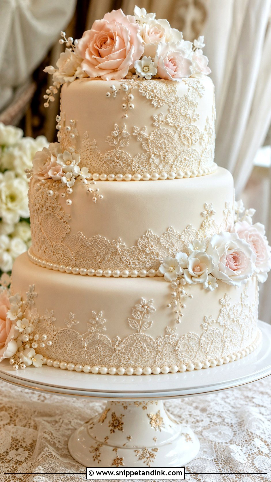 Lace Wedding Cake With Flowers And Pearls - Snippet and Ink - 30 Wedding Cake Ideas with Flowers and Pearls