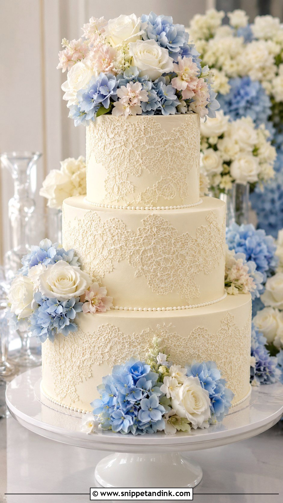 Lace Wedding Cake With Hydrangeas - Snippet and Ink - 25 Lace Wedding Cake Ideas with Flowers