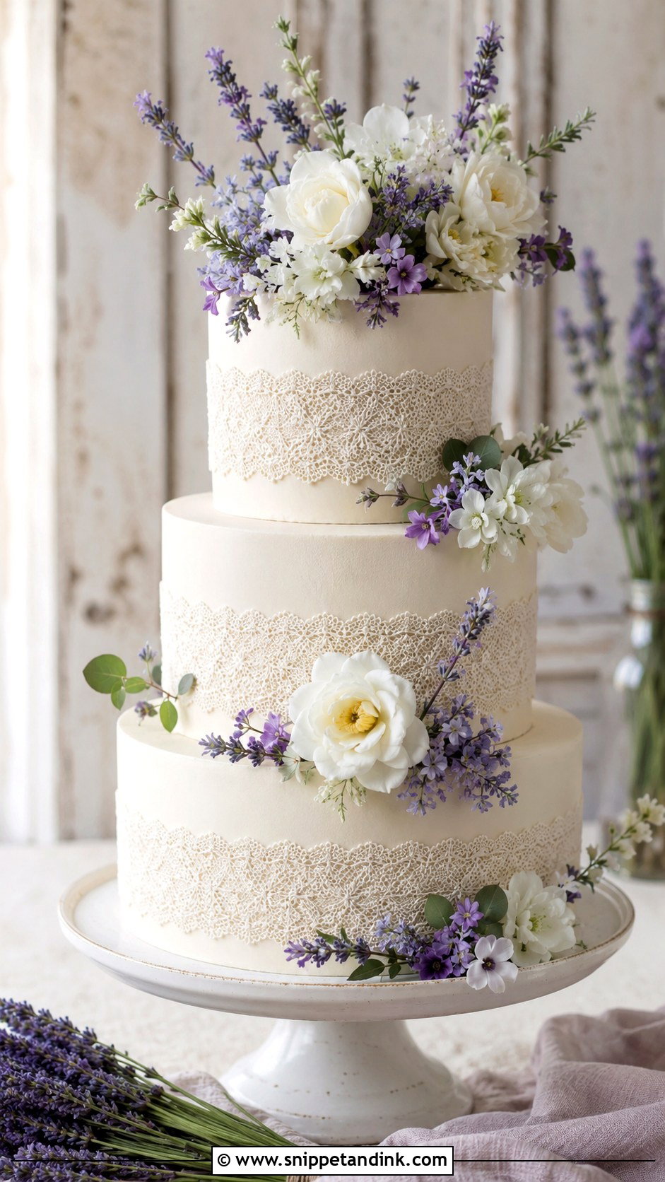 Lace Wedding Cake With Lavender Flowers - Snippet and Ink - 25 Lace Wedding Cake Ideas with Flowers