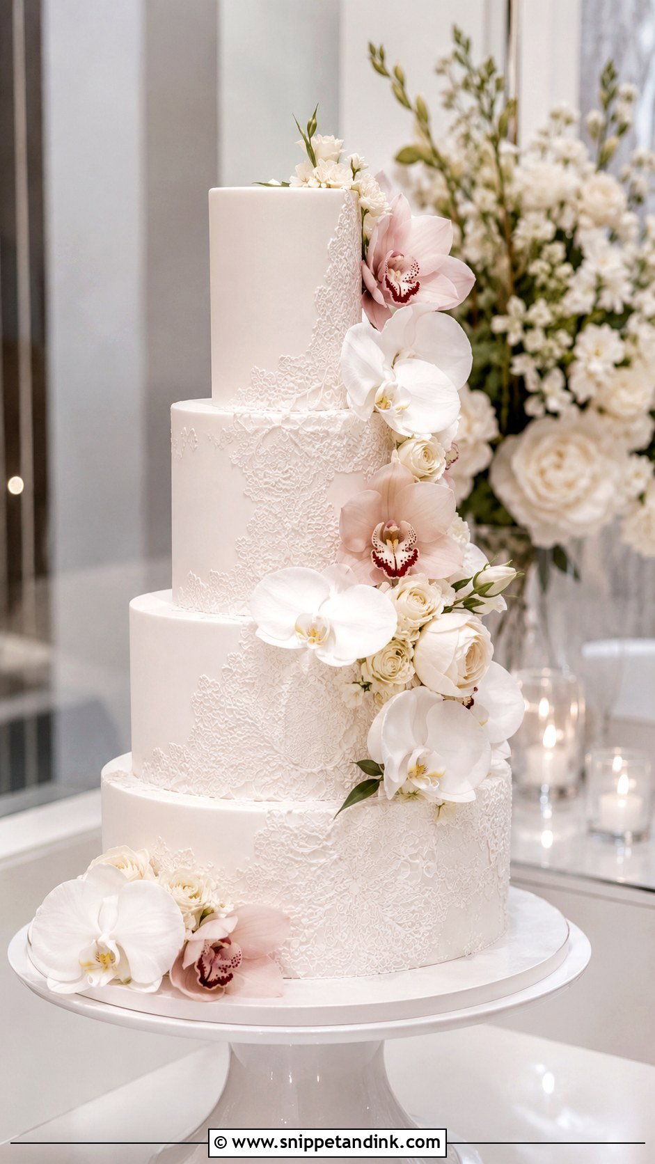 Lace Wedding Cake With Orchids - Snippet and Ink - 25 Lace Wedding Cake Ideas with Flowers
