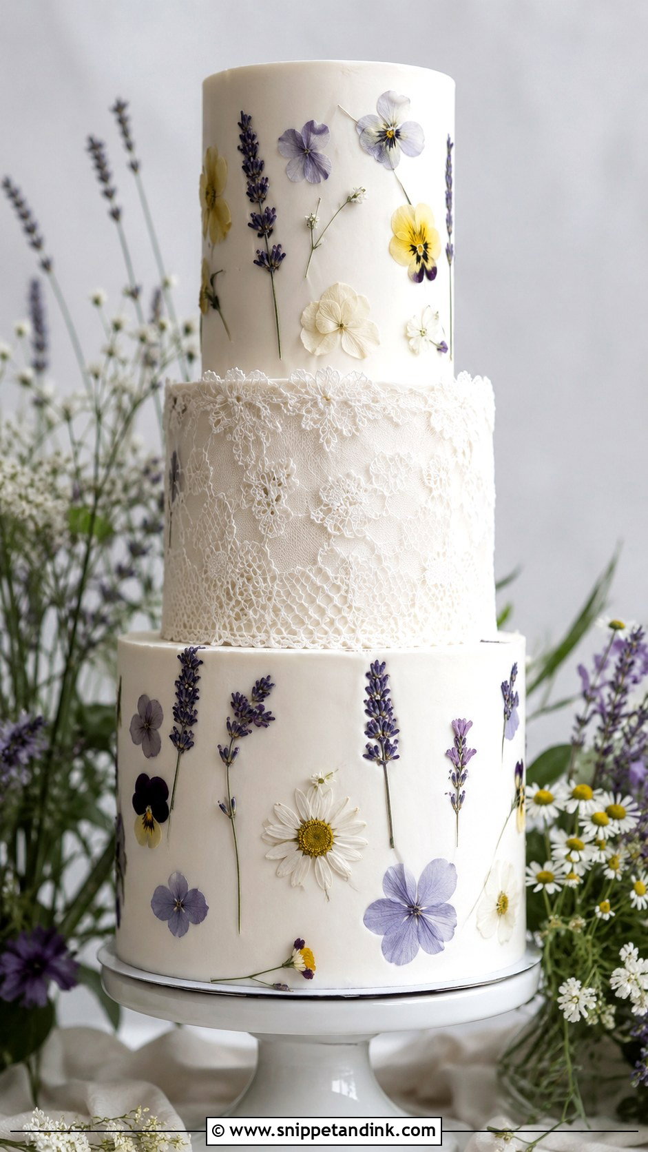 Lace Wedding Cake With Pressed Flowers - Snippet and Ink - 25 Lace Wedding Cake Ideas with Flowers