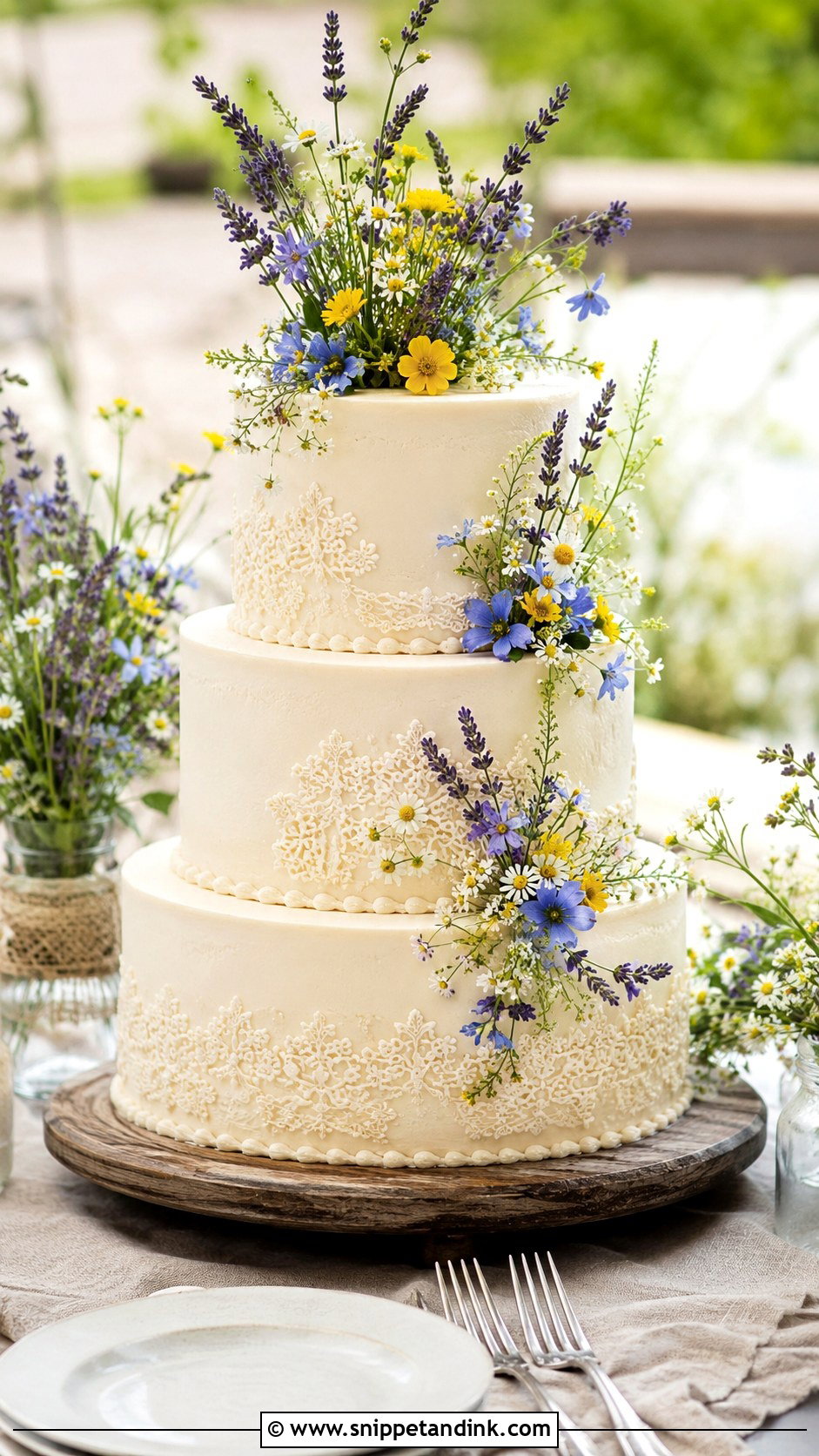 Lace Wedding Cake With Wildflowers - Snippet and Ink - 25 Lace Wedding Cake Ideas with Flowers