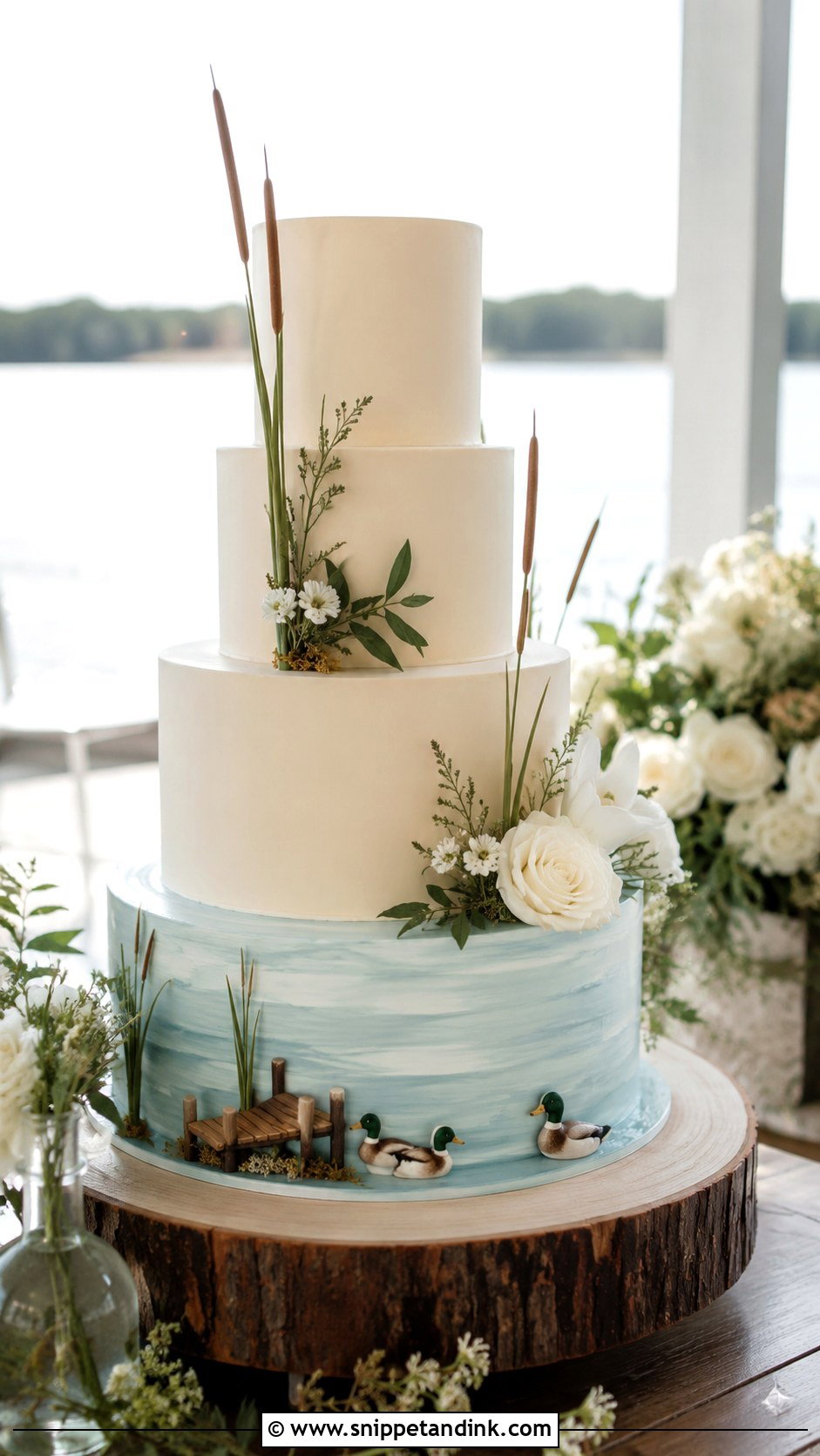 Lake Wedding Cake With Ducks - Snippet and Ink - 20 Duck Hunting Wedding Cake Ideas